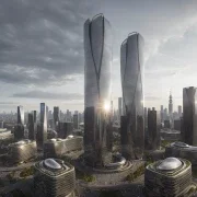 ai futuristic twin towers late afternoon