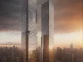 ai twin tower foggy sunset